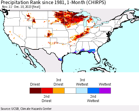 United States Precipitation Rank since 1981, 1-Month (CHIRPS) Thematic Map For 11/11/2023 - 12/10/2023
