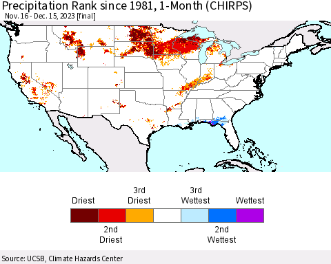United States Precipitation Rank since 1981, 1-Month (CHIRPS) Thematic Map For 11/16/2023 - 12/15/2023