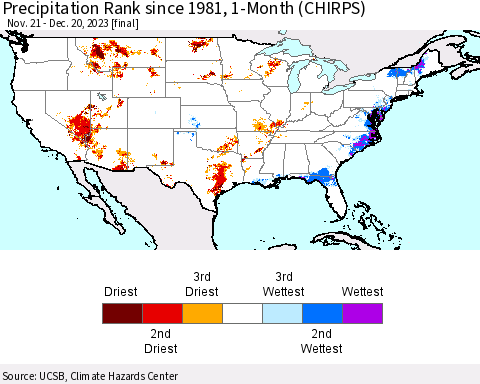 United States Precipitation Rank since 1981, 1-Month (CHIRPS) Thematic Map For 11/21/2023 - 12/20/2023