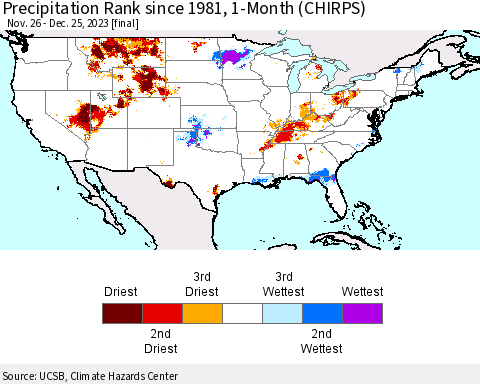 United States Precipitation Rank since 1981, 1-Month (CHIRPS) Thematic Map For 11/26/2023 - 12/25/2023