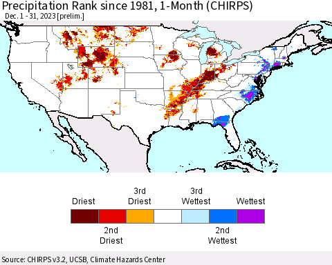 United States Precipitation Rank since 1981, 1-Month (CHIRPS) Thematic Map For 12/1/2023 - 12/31/2023