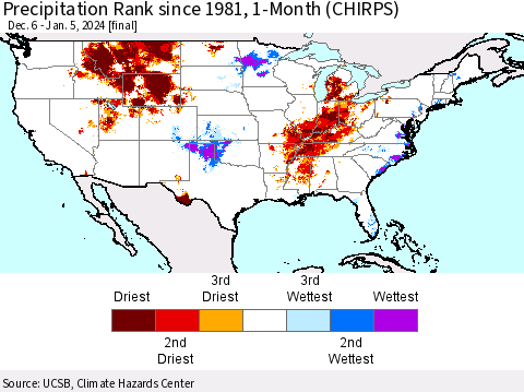 United States Precipitation Rank since 1981, 1-Month (CHIRPS) Thematic Map For 12/6/2023 - 1/5/2024
