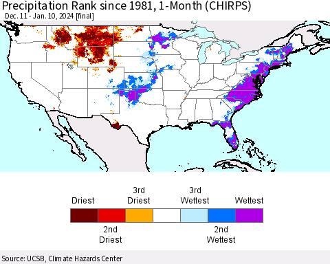 United States Precipitation Rank since 1981, 1-Month (CHIRPS) Thematic Map For 12/11/2023 - 1/10/2024