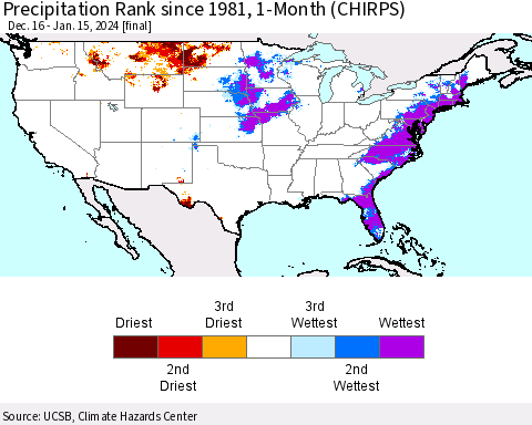 United States Precipitation Rank since 1981, 1-Month (CHIRPS) Thematic Map For 12/16/2023 - 1/15/2024