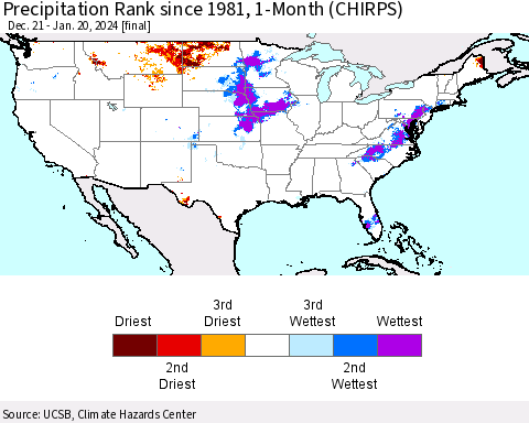 United States Precipitation Rank since 1981, 1-Month (CHIRPS) Thematic Map For 12/21/2023 - 1/20/2024