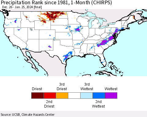 United States Precipitation Rank since 1981, 1-Month (CHIRPS) Thematic Map For 12/26/2023 - 1/25/2024