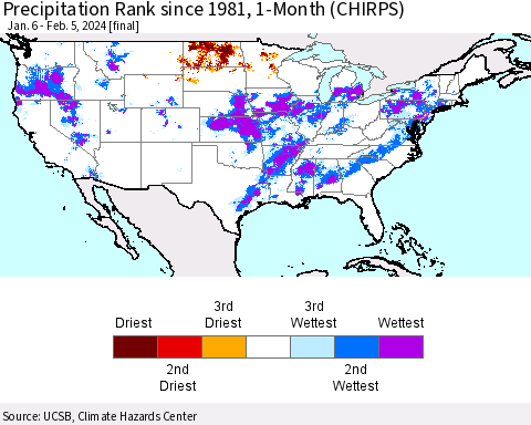 United States Precipitation Rank since 1981, 1-Month (CHIRPS) Thematic Map For 1/6/2024 - 2/5/2024