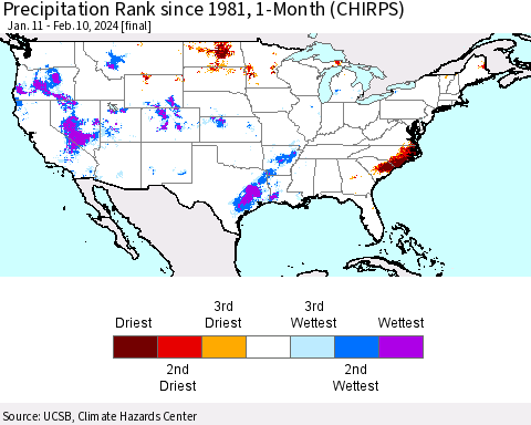 United States Precipitation Rank since 1981, 1-Month (CHIRPS) Thematic Map For 1/11/2024 - 2/10/2024
