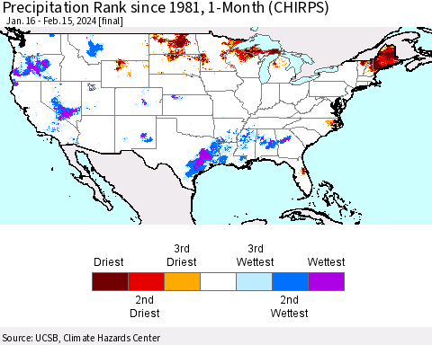 United States Precipitation Rank since 1981, 1-Month (CHIRPS) Thematic Map For 1/16/2024 - 2/15/2024