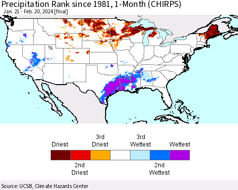 United States Precipitation Rank since 1981, 1-Month (CHIRPS) Thematic Map For 1/21/2024 - 2/20/2024