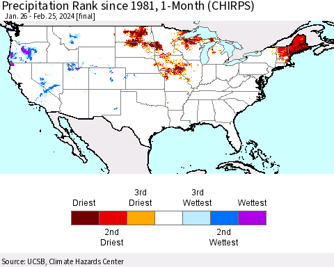 United States Precipitation Rank since 1981, 1-Month (CHIRPS) Thematic Map For 1/26/2024 - 2/25/2024