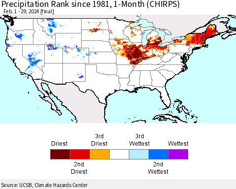 United States Precipitation Rank since 1981, 1-Month (CHIRPS) Thematic Map For 2/1/2024 - 2/29/2024