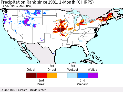 United States Precipitation Rank since 1981, 1-Month (CHIRPS) Thematic Map For 2/6/2024 - 3/5/2024