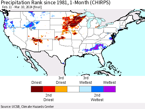 United States Precipitation Rank since 1981, 1-Month (CHIRPS) Thematic Map For 2/11/2024 - 3/10/2024