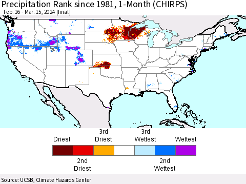 United States Precipitation Rank since 1981, 1-Month (CHIRPS) Thematic Map For 2/16/2024 - 3/15/2024