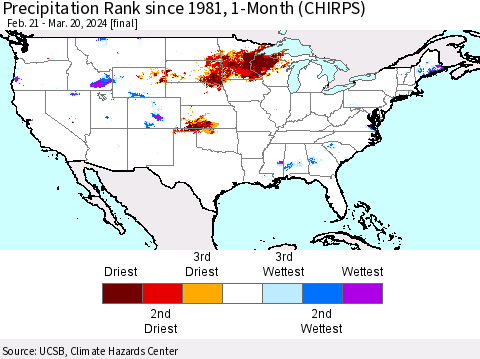 United States Precipitation Rank since 1981, 1-Month (CHIRPS) Thematic Map For 2/21/2024 - 3/20/2024