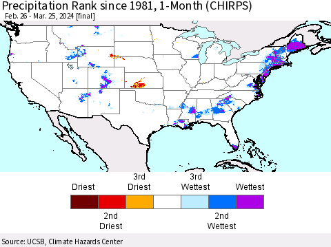 United States Precipitation Rank since 1981, 1-Month (CHIRPS) Thematic Map For 2/26/2024 - 3/25/2024