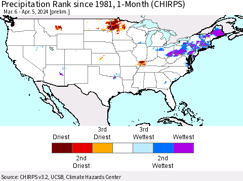 United States Precipitation Rank since 1981, 1-Month (CHIRPS) Thematic Map For 3/6/2024 - 4/5/2024