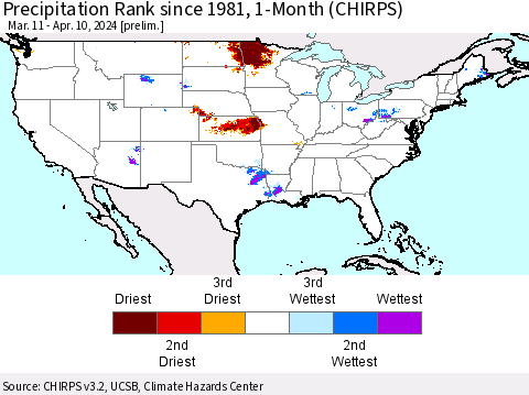United States Precipitation Rank since 1981, 1-Month (CHIRPS) Thematic Map For 3/11/2024 - 4/10/2024