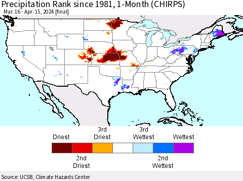 United States Precipitation Rank since 1981, 1-Month (CHIRPS) Thematic Map For 3/16/2024 - 4/15/2024