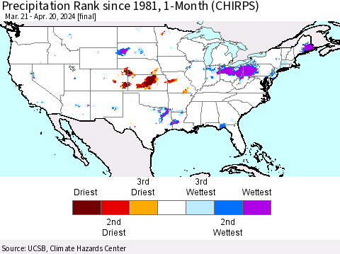 United States Precipitation Rank since 1981, 1-Month (CHIRPS) Thematic Map For 3/21/2024 - 4/20/2024