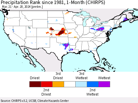 United States Precipitation Rank since 1981, 1-Month (CHIRPS) Thematic Map For 3/21/2024 - 4/20/2024