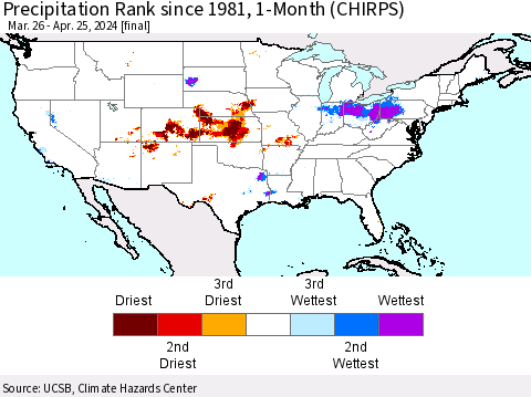 United States Precipitation Rank since 1981, 1-Month (CHIRPS) Thematic Map For 3/26/2024 - 4/25/2024