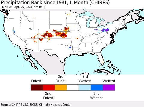 United States Precipitation Rank since 1981, 1-Month (CHIRPS) Thematic Map For 3/26/2024 - 4/25/2024