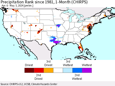 United States Precipitation Rank since 1981, 1-Month (CHIRPS) Thematic Map For 4/6/2024 - 5/5/2024