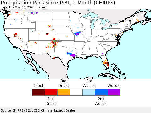 United States Precipitation Rank since 1981, 1-Month (CHIRPS) Thematic Map For 4/11/2024 - 5/10/2024