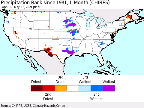 United States Precipitation Rank since 1981, 1-Month (CHIRPS) Thematic Map For 4/16/2024 - 5/15/2024