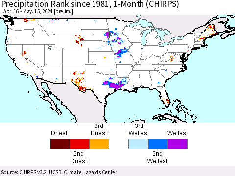 United States Precipitation Rank since 1981, 1-Month (CHIRPS) Thematic Map For 4/16/2024 - 5/15/2024