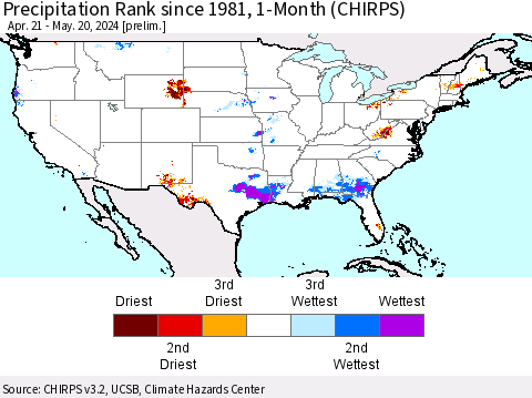 United States Precipitation Rank since 1981, 1-Month (CHIRPS) Thematic Map For 4/21/2024 - 5/20/2024