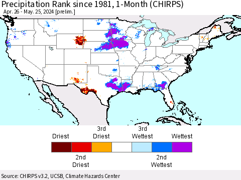 United States Precipitation Rank since 1981, 1-Month (CHIRPS) Thematic Map For 4/26/2024 - 5/25/2024