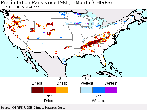 United States Precipitation Rank since 1981, 1-Month (CHIRPS) Thematic Map For 6/16/2024 - 7/15/2024