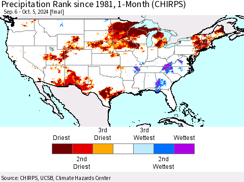 United States Precipitation Rank since 1981, 1-Month (CHIRPS) Thematic Map For 9/6/2024 - 10/5/2024
