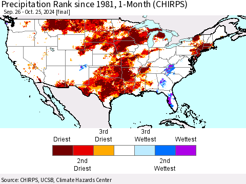 United States Precipitation Rank since 1981, 1-Month (CHIRPS) Thematic Map For 9/26/2024 - 10/25/2024