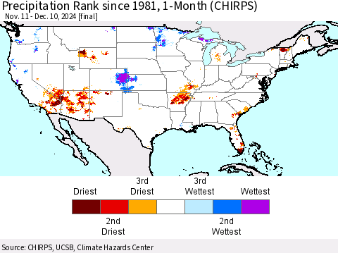 United States Precipitation Rank since 1981, 1-Month (CHIRPS) Thematic Map For 11/11/2024 - 12/10/2024