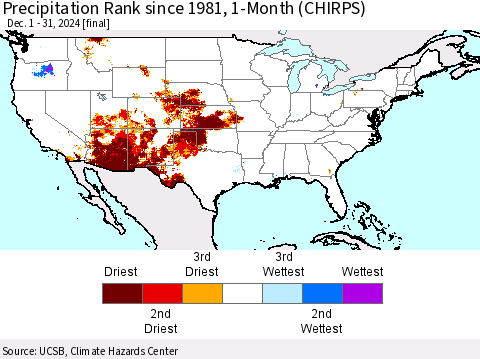United States Precipitation Rank since 1981, 1-Month (CHIRPS) Thematic Map For 12/1/2024 - 12/31/2024