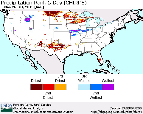 United States Precipitation Rank 5-Day (CHIRPS) Thematic Map For 3/26/2019 - 3/31/2019