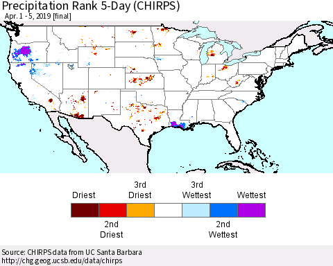 United States Precipitation Rank 5-Day (CHIRPS) Thematic Map For 4/1/2019 - 4/5/2019