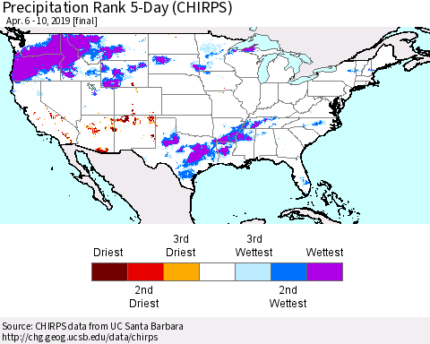 United States Precipitation Rank 5-Day (CHIRPS) Thematic Map For 4/6/2019 - 4/10/2019