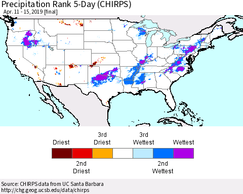 United States Precipitation Rank since 1981, 5-Day (CHIRPS) Thematic Map For 4/11/2019 - 4/15/2019