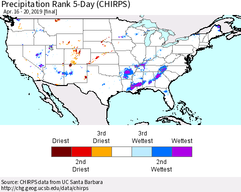 United States Precipitation Rank 5-Day (CHIRPS) Thematic Map For 4/16/2019 - 4/20/2019