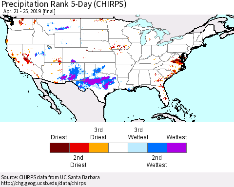 United States Precipitation Rank 5-Day (CHIRPS) Thematic Map For 4/21/2019 - 4/25/2019