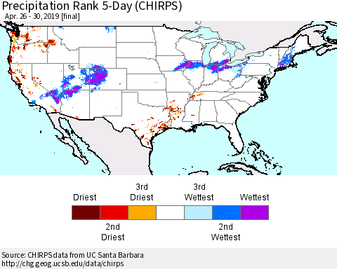United States Precipitation Rank 5-Day (CHIRPS) Thematic Map For 4/26/2019 - 4/30/2019