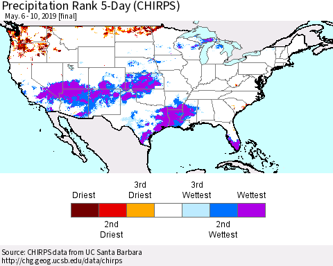 United States Precipitation Rank 5-Day (CHIRPS) Thematic Map For 5/6/2019 - 5/10/2019