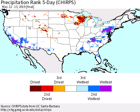 United States Precipitation Rank 5-Day (CHIRPS) Thematic Map For 5/11/2019 - 5/15/2019