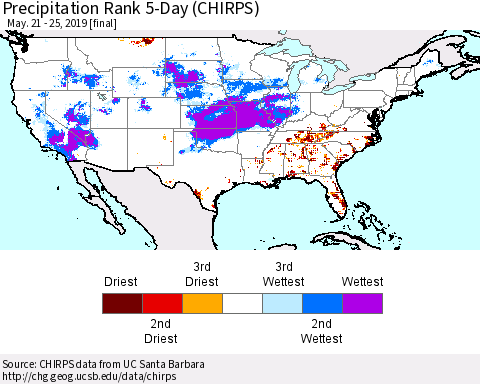 United States Precipitation Rank 5-Day (CHIRPS) Thematic Map For 5/21/2019 - 5/25/2019