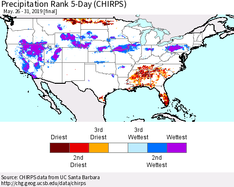 United States Precipitation Rank 5-Day (CHIRPS) Thematic Map For 5/26/2019 - 5/31/2019